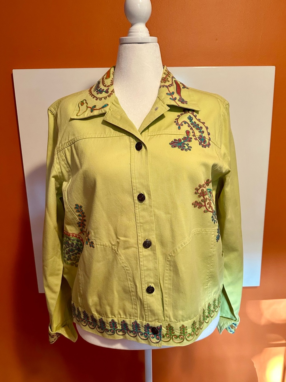 Coldwater Creek Embroidered Paisley Denim Jacket Chartreuse Green XL Boho